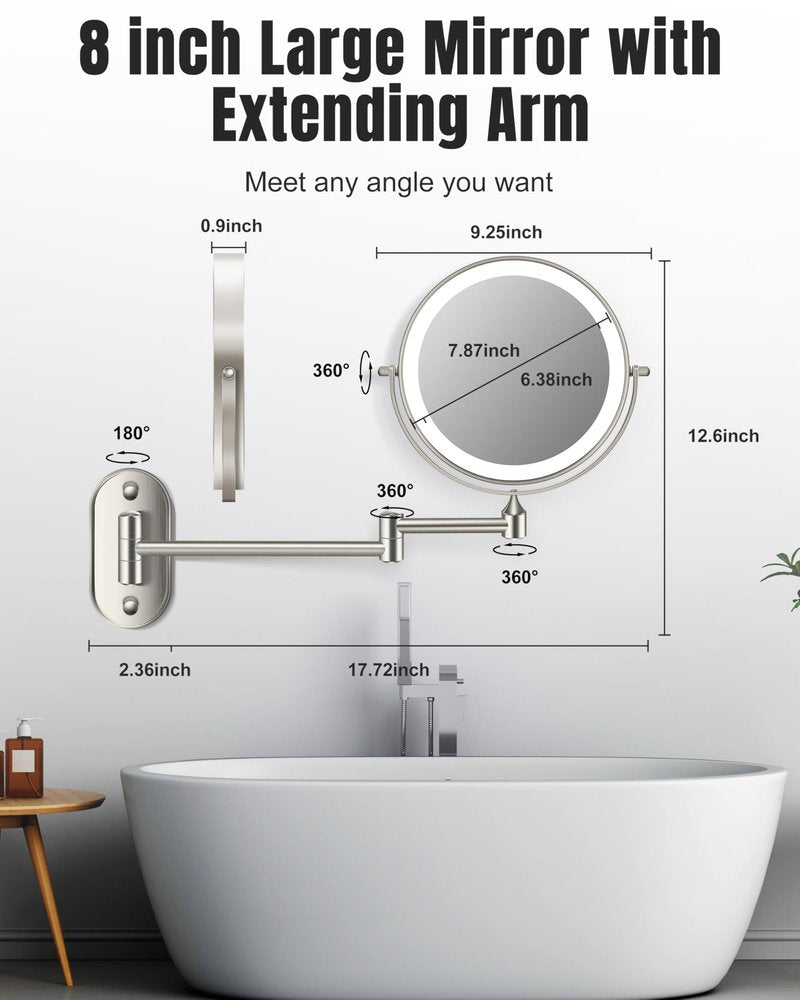 Wall Mounted Makeup Mirror with Light, 30X/1X 8'' Double Sided LED Magnifying Bathroom Lighted Vanity Mirror with Magnification, 3 Color Light up Touch Dimmable Extended Arm 360 Rotation