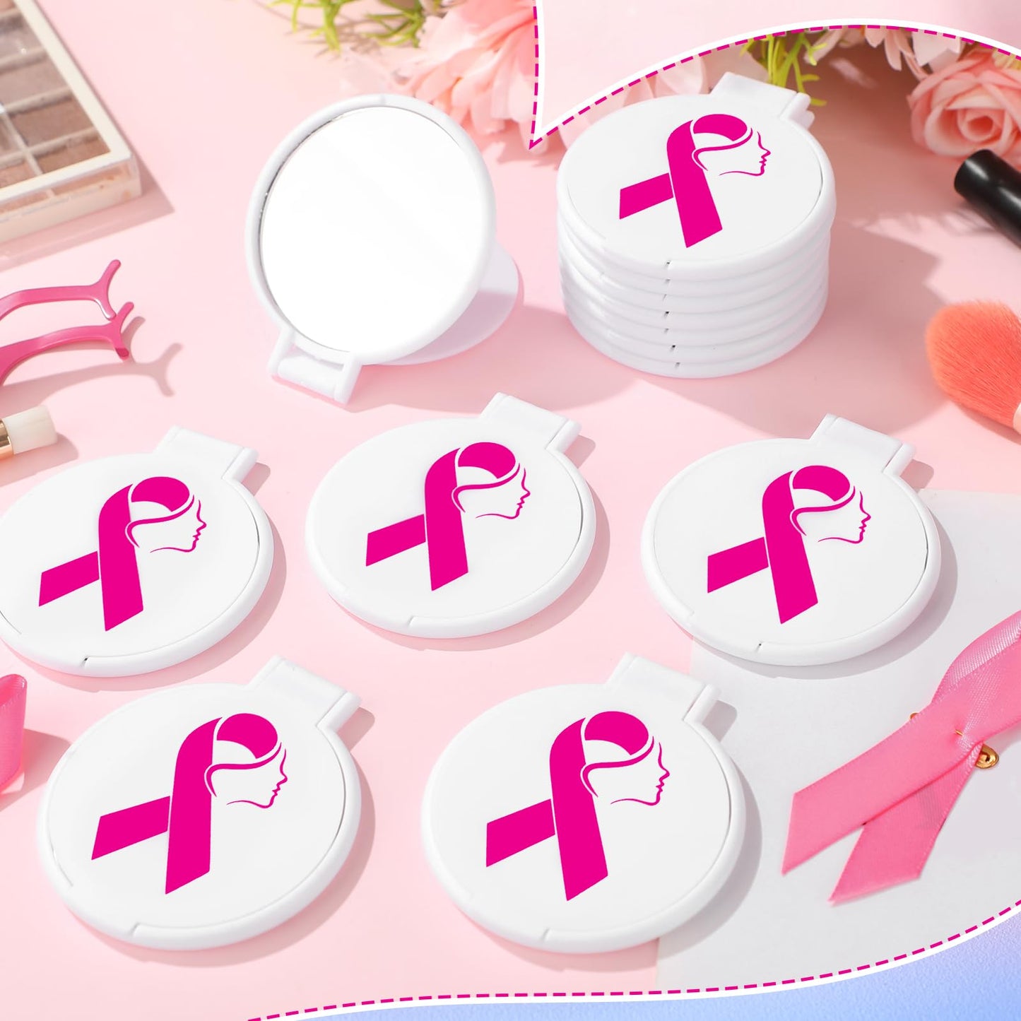 Huwena 100 Pcs Breast Cancer Awareness Accessories Gift Bulk White Pink Ribbon Breast Cancer Compact Mirror for Women Small Pocket Purse Round Portable Folding Makeup Mirror