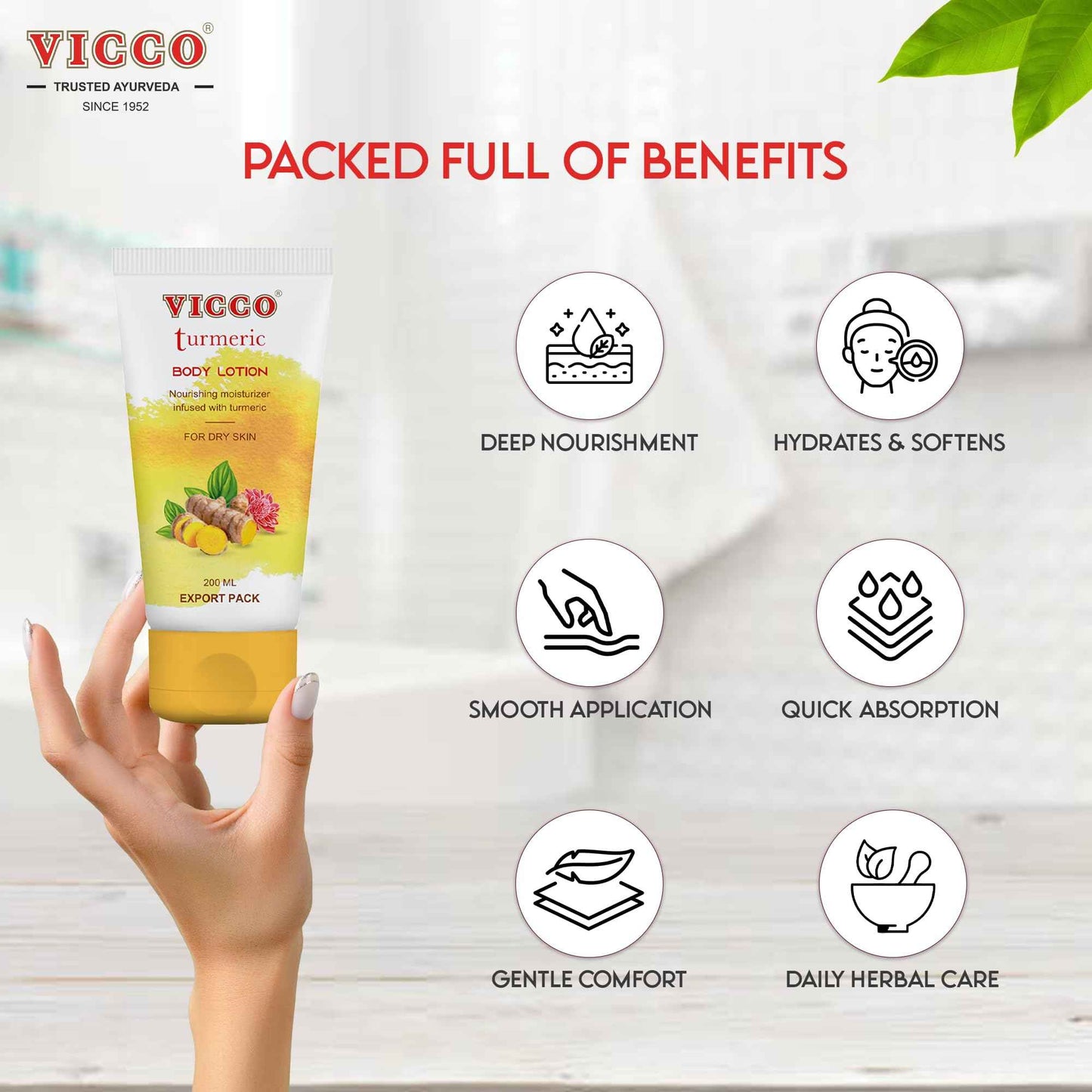 Vicco Turmeric Body Lotion with Herbal Ingredients, Moisturizing Body Lotion, Hydrates & Nourishes Skin, For Daily Skincare Routine, 6.76 Fl Oz (Pack of 2)