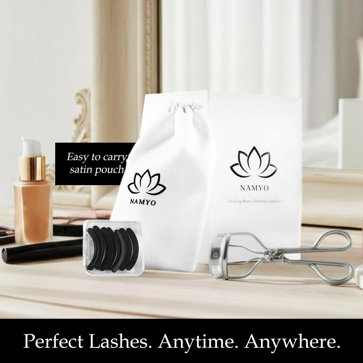 NAMYO Eyelash Curler – Precision Lash Curler for Almond, Hooded and Deep-Set Eyes with Ergonomic Handle and 10 Silicone Refill Pads – Compact Travel Size - Pearl Silver