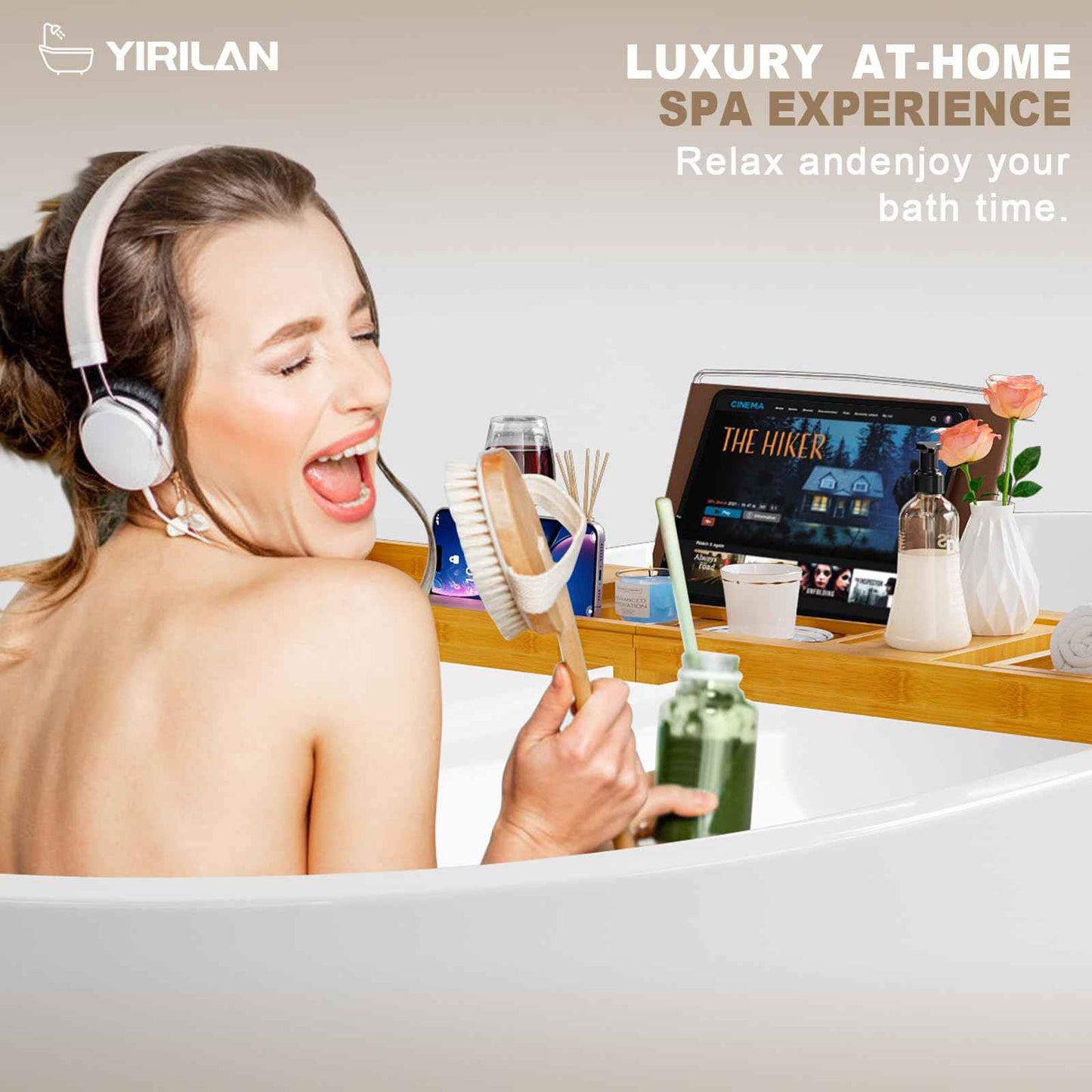 Yirilan Bathtub Tray Caddy, Expandable Wooden Bathroom, Luxury Bamboo Bathtub Tray, Bath Tub Table Caddy, Bamboo