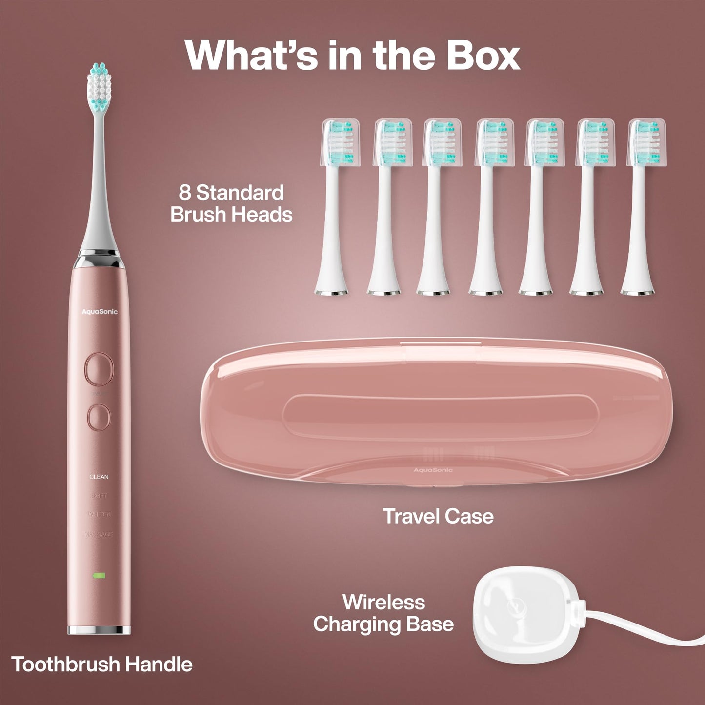 Aquasonic Vibe Series Ultra-Whitening Toothbrush – ADA Accepted Electric Toothbrush - 8 Brush Heads & Travel Case – 40,000 VPM Motor & Wireless Charging - 4 Modes w Smart Timer – Satin Rose Gold