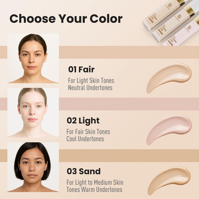 FV Waterproof Liquid Concealer, Full Coverage for Dark Circles, Redness, Fine Lines and Acne, Lightweight & Longwear, Matte Hydrating Concealer Makeup for Women, 02 Light