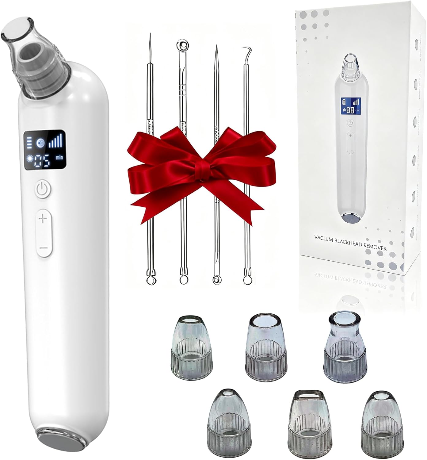 Blackhead Remover Vacuum - Rechargeable Pore Cleaner with Heat & Red Light | 5 Suction Levels, LED Display, 6 Probes & Bonus Extractor Tools