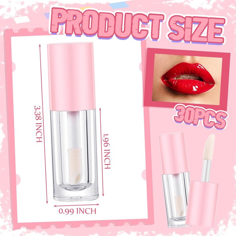 Empty Lip Gloss Tubes - 30 Pcs Pink 6ml Refillable Containers with Wand & Rubber Stoppers | DIY Makeup Kit