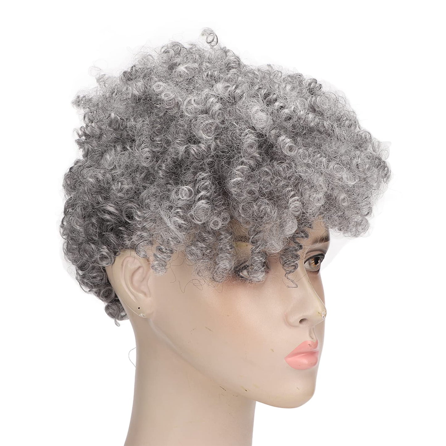 YUYTE Short Curly Afro Wig for Women, Synthetic Grey and with Bangs, Looking Short Hairstyle for Ladies
