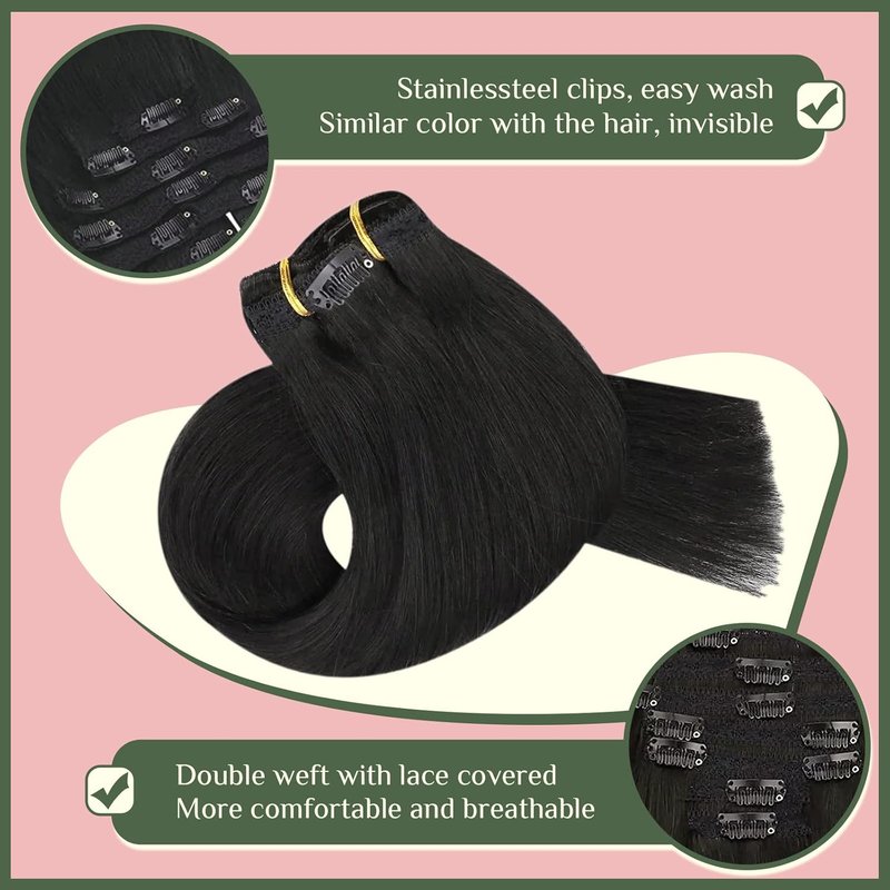 Natural Straight Clip-In Hair Extensions - 16 Inch, 120g Real Human Hair, Black - 7 Pieces