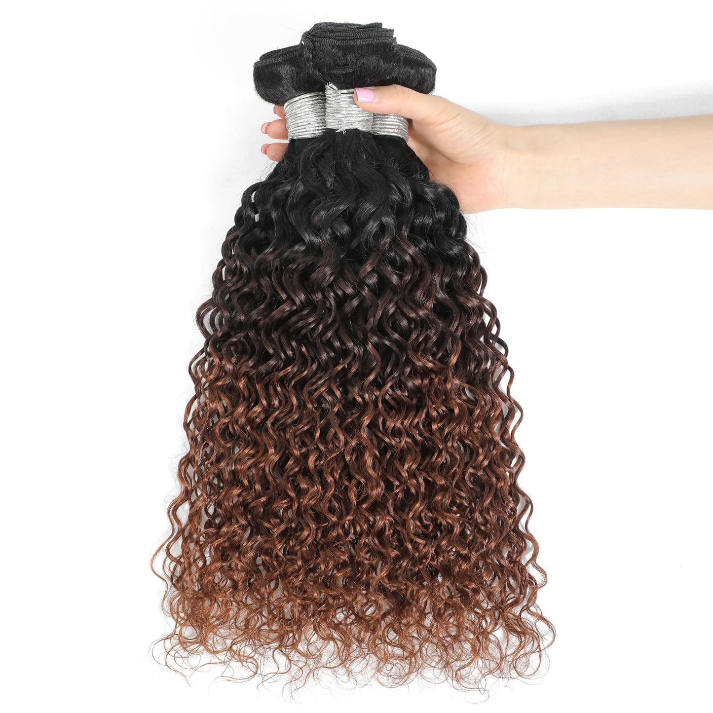 ALHER 12A Ombre Human Hair Bundles Water Wave, Soft Thick Chestnut Brown Ombre Single Curly Bundle Wet and Wavy 100% Virgin Remy Human Hair for Black Women #T1B/2/30 Dark Roots Auburn Sew In 12 Inch