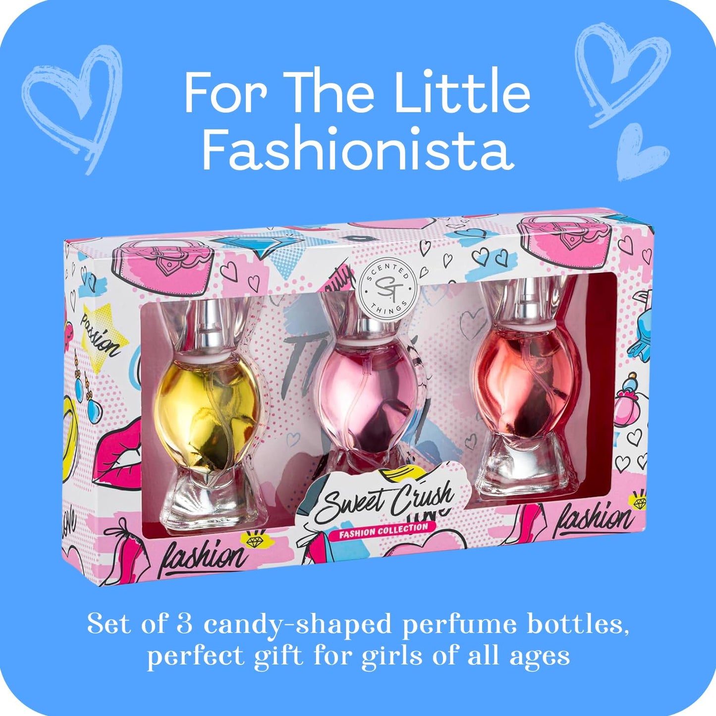 SCENTED THINGS Candy Girls Perfume Gift Set – Fruity Body Spray Childrens Perfumes for Tween & Teen Girls, 3 Candy-Shaped Bottles, Gift-Ready Fashion Collection for Kids & Teens