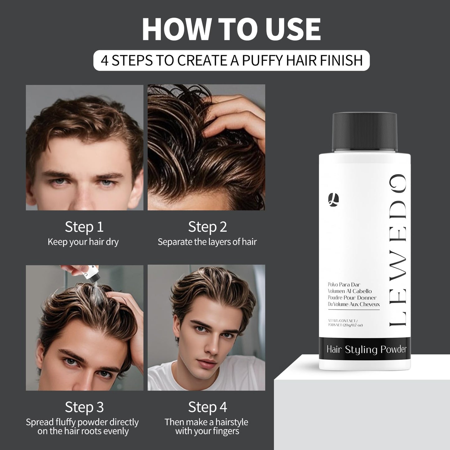 lewedo Volumizing Styling Powder 20g - Natural Volume & Matte Finish for Men, Oil-Absorbing Texture Powder with Adjustable Nozzle