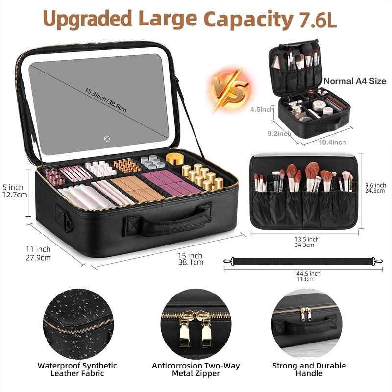 saiggnyy 15“×11“Professional Makeup Train Case,Large Waterproof Travel Makeup bag with Mirror and Light, Leather Black Make up Bag with Mirror and Light,Led Makeup Case with Adjustable Dividers
