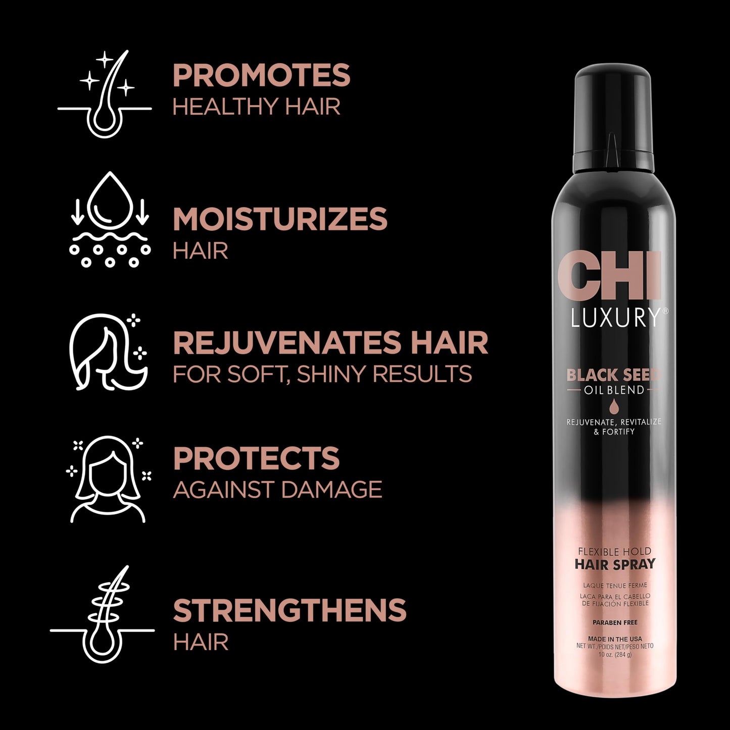 CHI Luxury Black Seed Oil Flexible Hold Hairspray, Adds Hair Texture & Volume, Natural Hold, Sulfate, Paraben & Gluten-Free, 10 Oz
