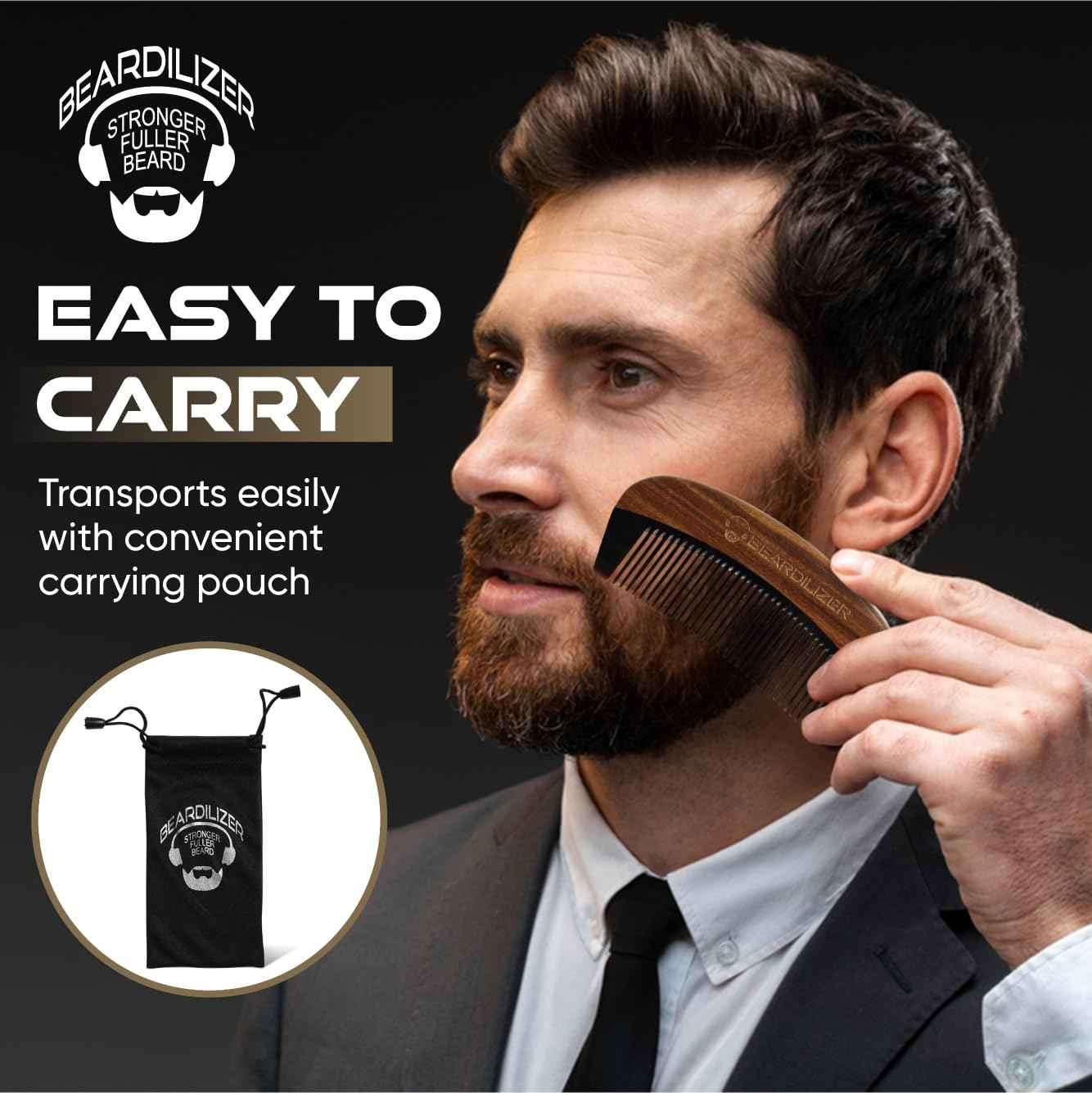 Beardilizer Premium Beard Comb for Men - 100% Natural Black Ox Buffalo Horn & Sandalwood Handle with Carrying Pouch, Professional Anti-Static Fine and Coarse Teeth