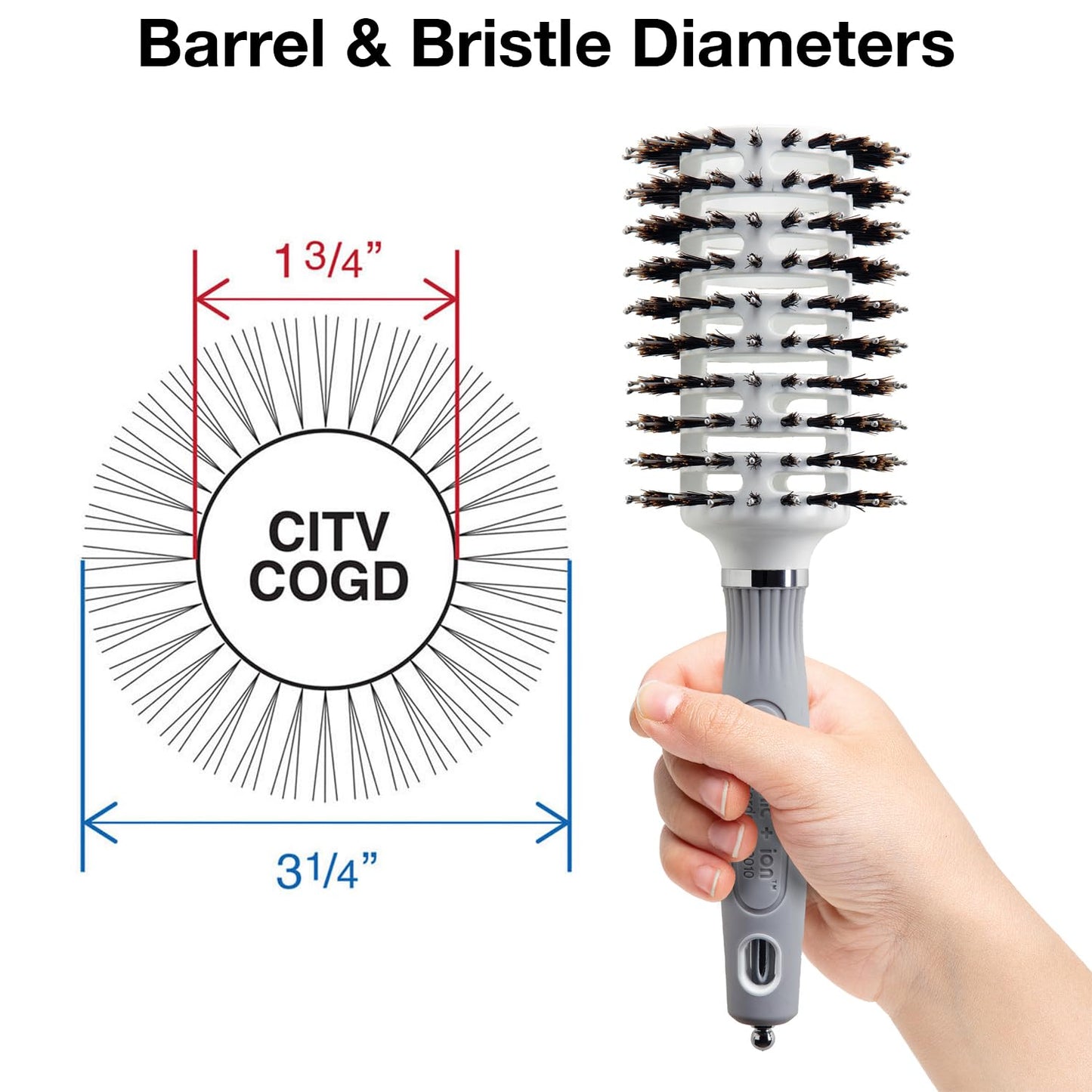 Olivia Garden Ceramic + Ion Turbo Vent Combo Hair Brush - Not Electrical - Ionic and 100% Boar Bristles - Professional Round Blowout Brush for Normal to Thick Hair