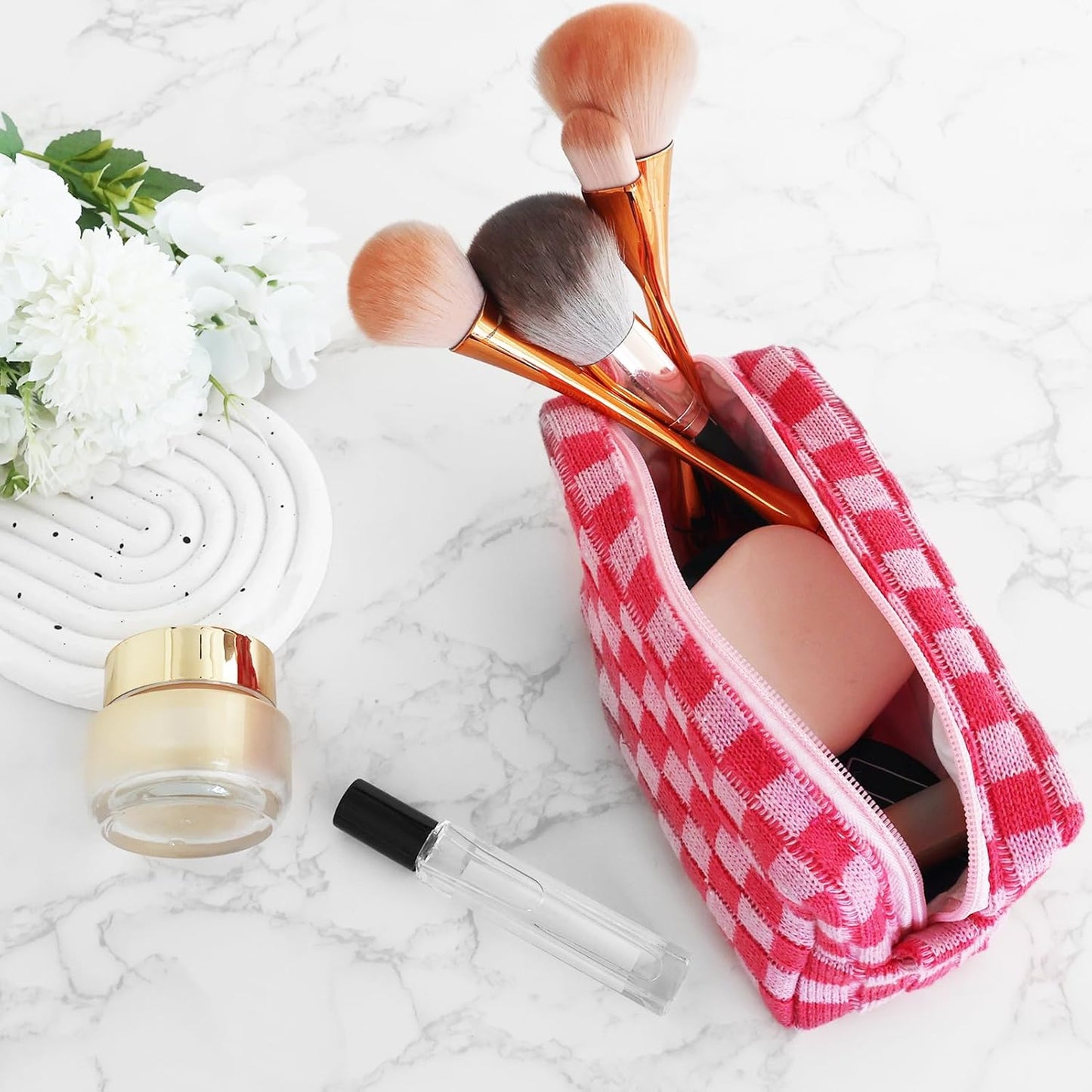 Checkered Pencil Case Set - Cute 6-Piece Pouch for Teens | Pink Medium Makeup & Travel Organizer
