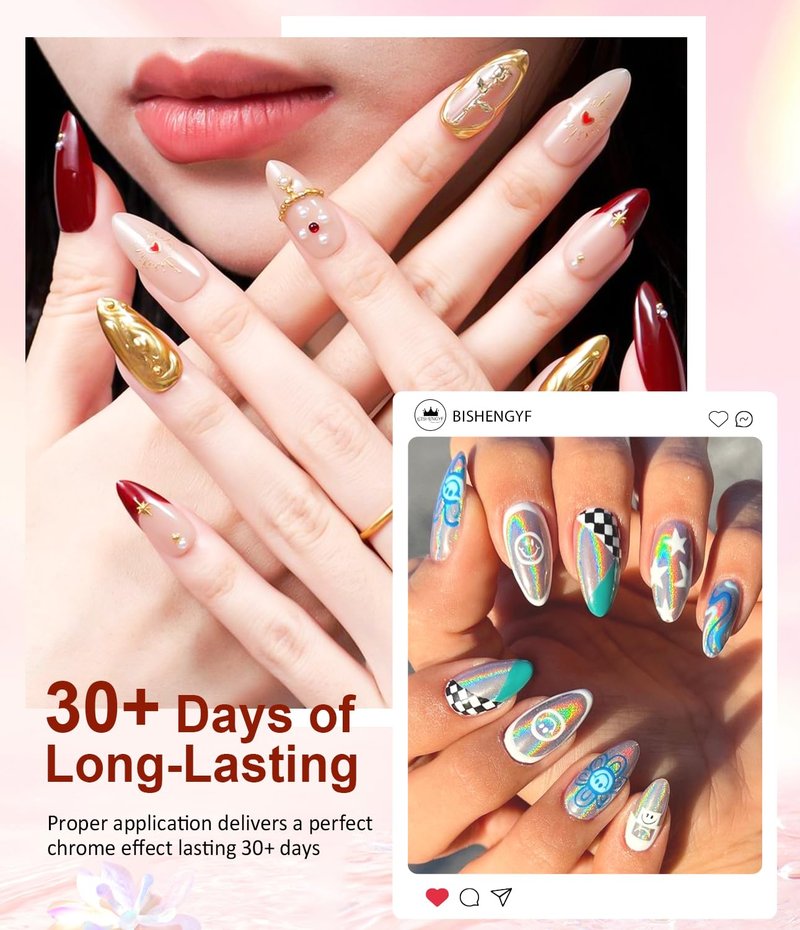 BISHENGYF Chrome Nail Powder Kit 6 PCS - Gold Chrome Nail Powder with Pearl Chrome & Effect,Metallic Mirror Holographic Nail Powder for Gel Nails DIY Home Salon Manicure White Silver Pink Blue