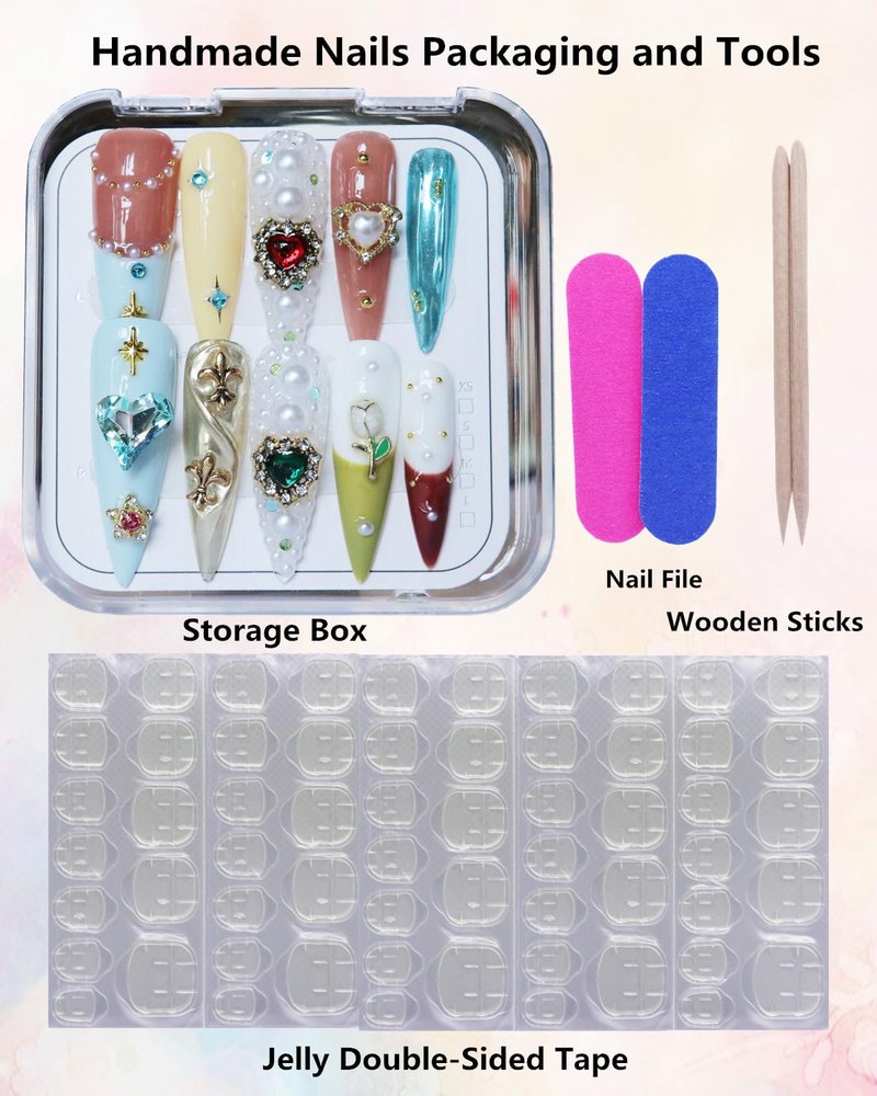 CAMILCY Luxury Handmade Press on Nails Extra Long Stiletto 3D Pearl Gemstone Fake Nails Almond Acrylic Nails Crystal Jewelry Design Salon Quality Reusable Acrylic Nails for Women (A025, L)