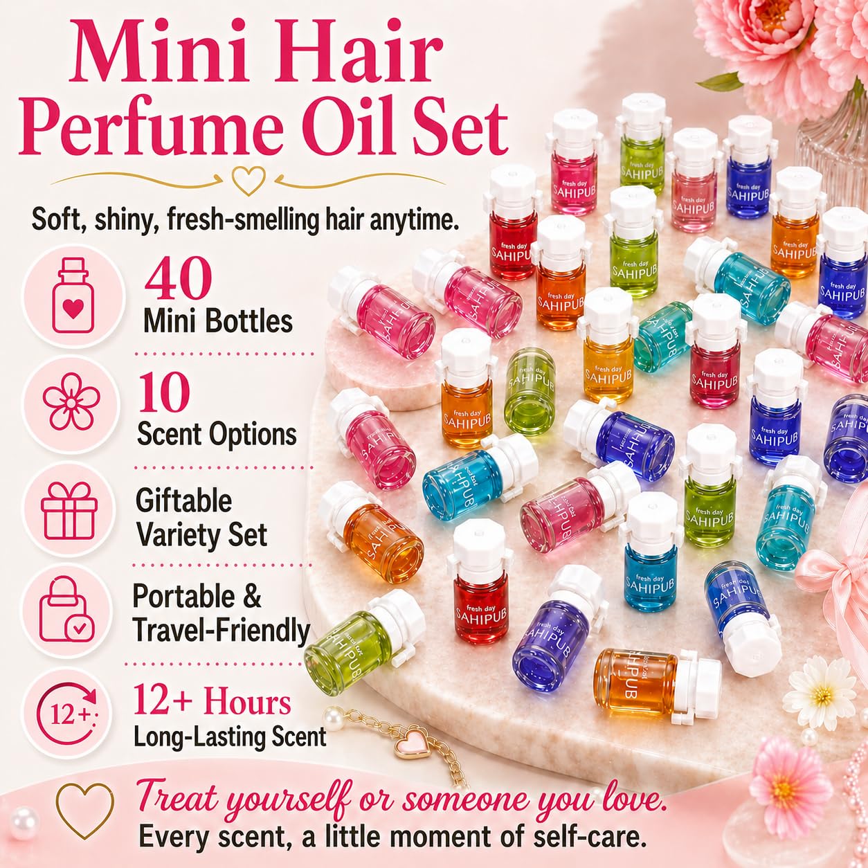 SAHIPUB Hair Perfume Oil for Women, 40 Portable Bottles Hair Oil with 10 Scents, Hair Fragrance Gift Set, 2-in-1 Leave-In Hair Serum for Frizzy Dry Hair, Lightweight Non-Greasy, Long-Lasting Scent