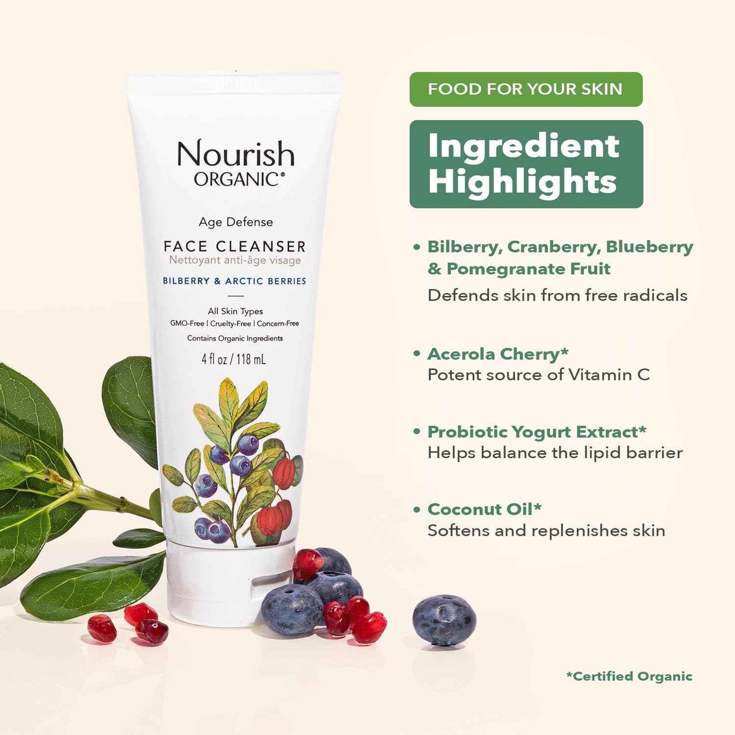 Nourish Organic Face Cleanser, Age Defense Bilberry & Arctic Berries – Anti-Aging Face Wash with Aloe Vera + Washable Cotton Round