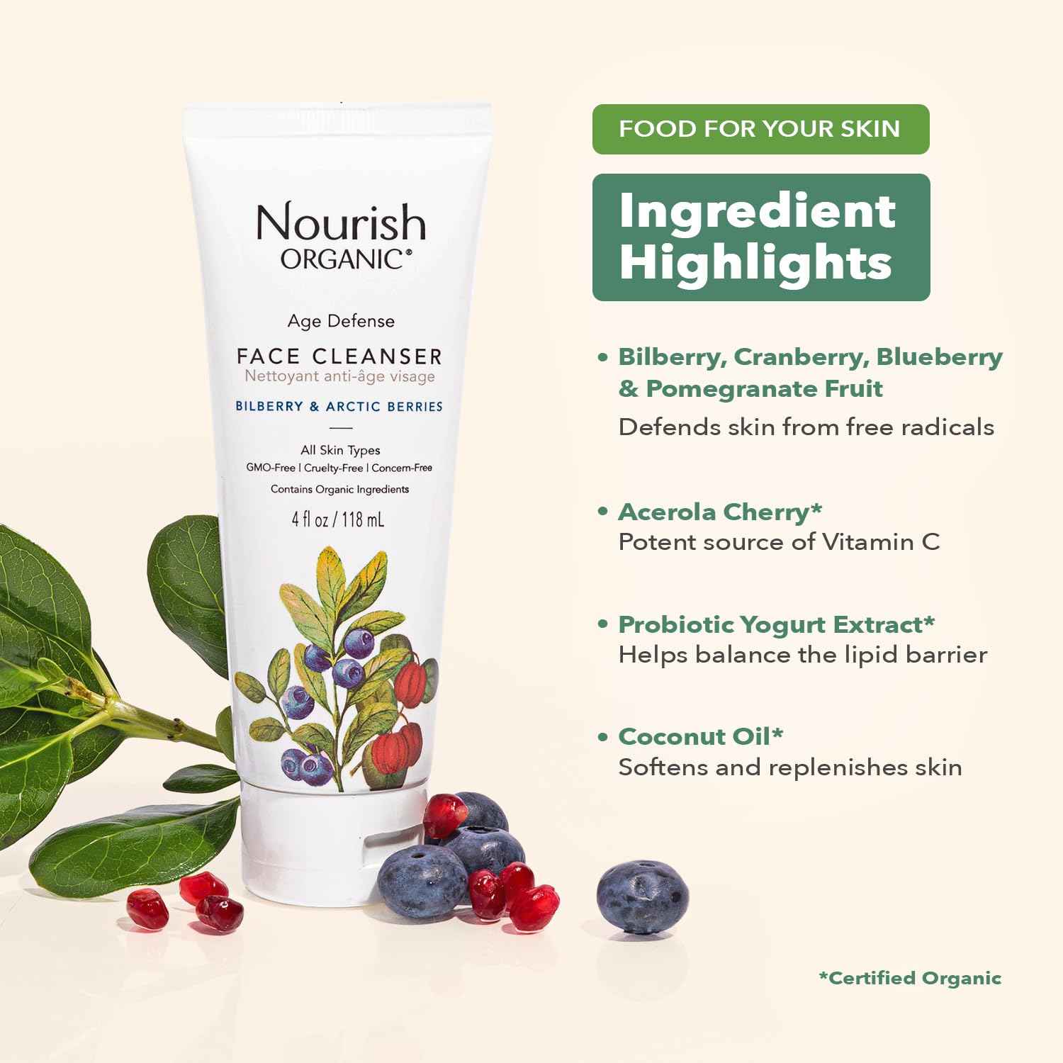 Nourish Organic Face Cleanser, Age Defense Bilberry & Arctic Berries – Anti-Aging Face Wash with Aloe Vera + Washable Cotton Round