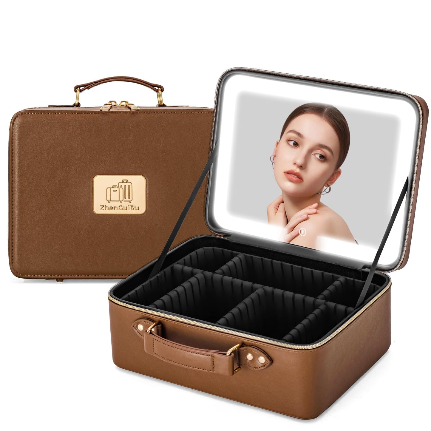 Gdsshuhung Upgraded Makeup Bag with LED Mirror, Travel Makeup Bag with Compartments, Waterproof Cosmetic Travel Bag, Portable Makeup Case Organizer with Lighted Mirror & Brush Storage (Brown)