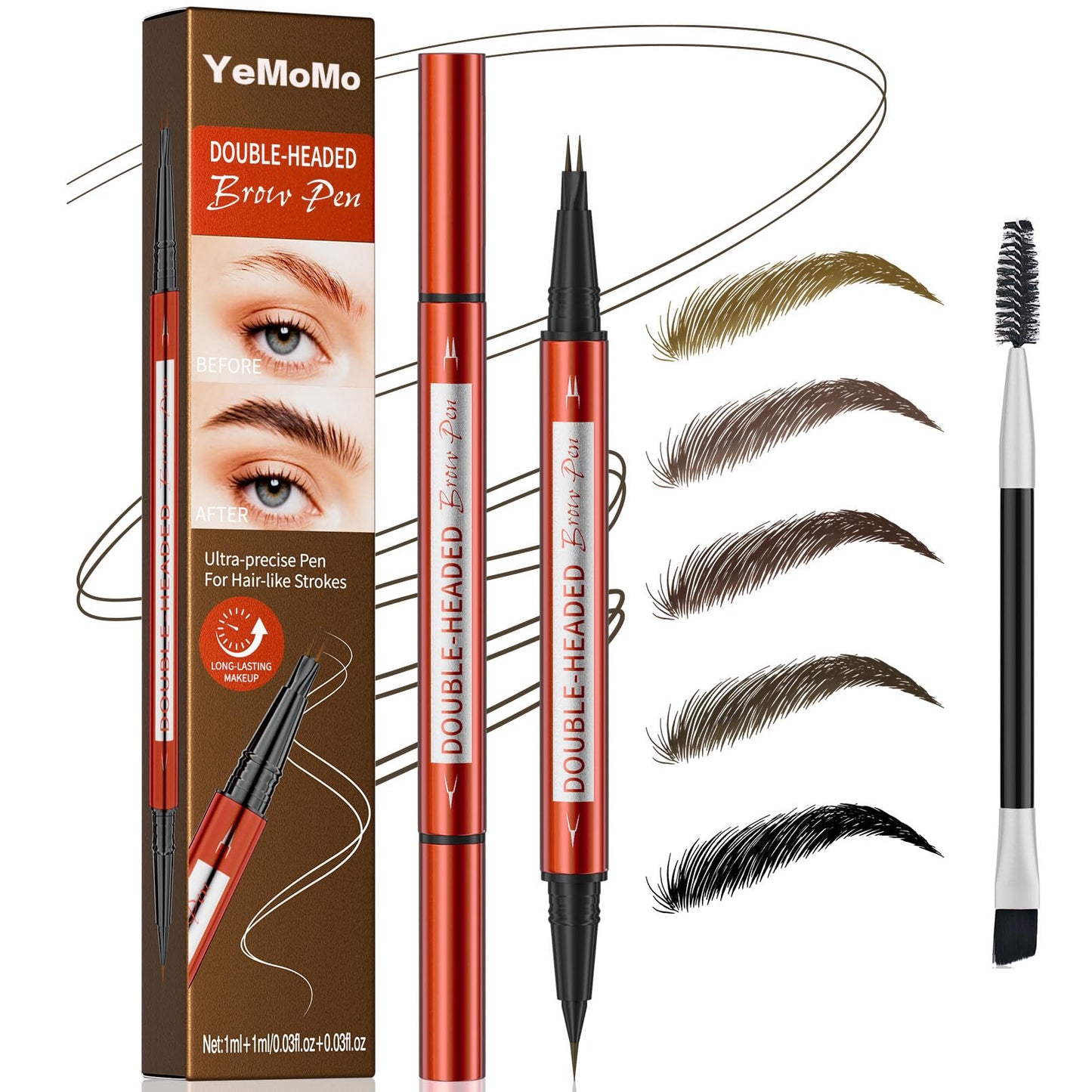 YeMoMo Double-Headed Eyebrow Pen, Ultra-Precise Dual Brush Tip, Long-Lasting Hair-Like Strokes, Available in 5 Natural Shades, 3# Dark Brown