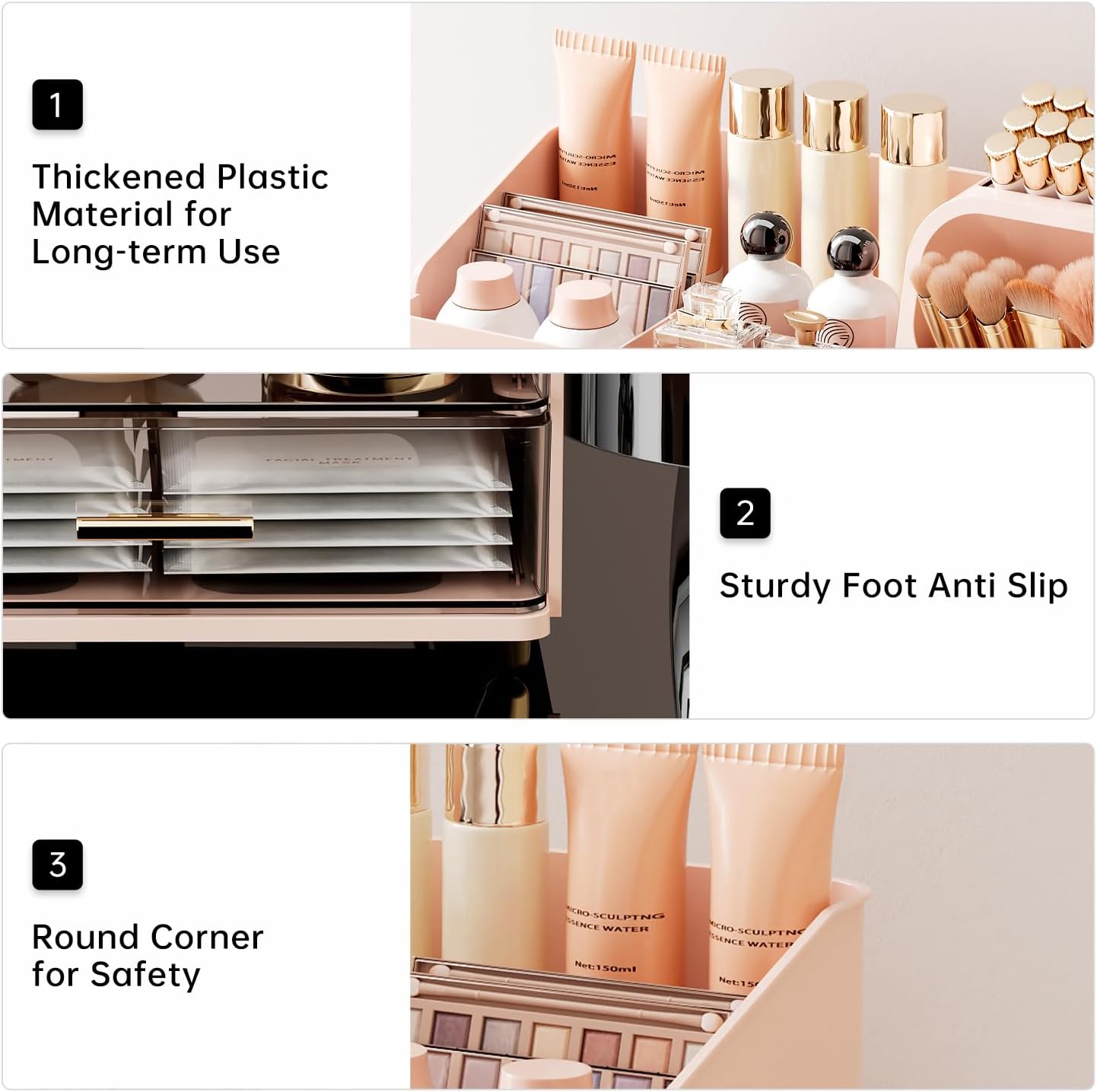 Makeup Organizer for Vanity - Large Capacity Skincare & Cosmetic Display Case with 2 Drawers | Brush Holder & Perfume Storage
