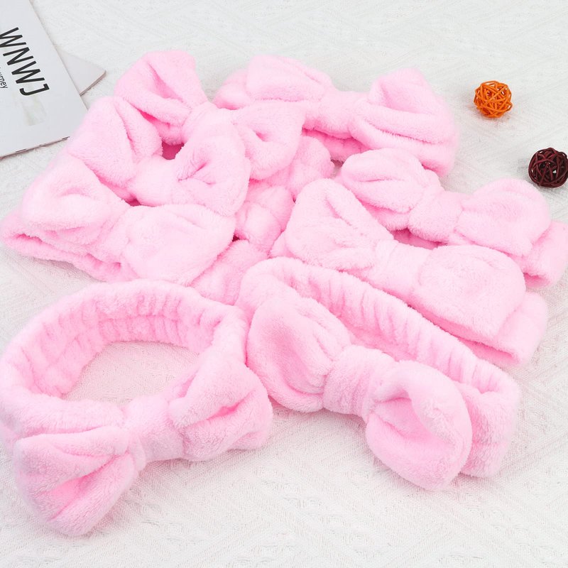Casoty 8 Pcs Pink Spa Headbands, Soft Coral Fleece Hair Bow Headband for Washing Face, Makeup, Skincare, Yoga, Hair Accessory for Women, Girls, Adults, Gift