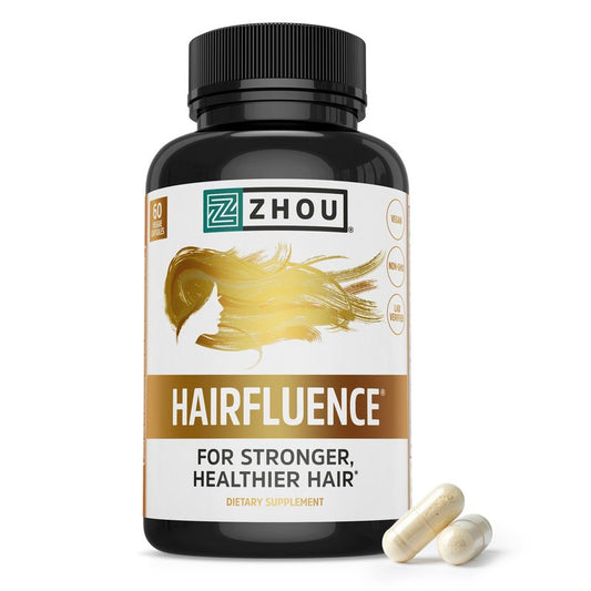 Zhou Hairfluence - Vegan Biotin Supplement for Hair Growth for Men & Women, Supports Stronger, Healthier Hair, Nails, & Glowing Skin with Lustriva & B Vitamin Complex - 60 Veggie Capsules (Pack of 1)