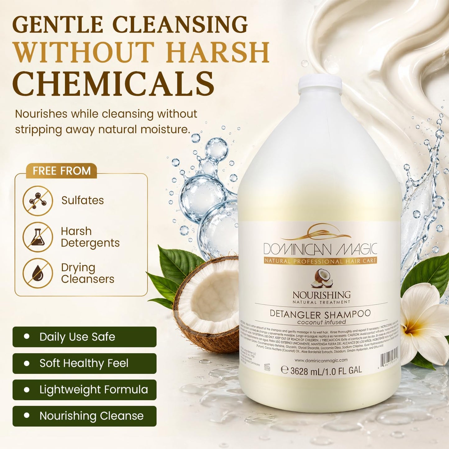 DOMINICAN MAGIC Detangler Shampoo – Coconut Infused (1 Gallon) | Hydrating & Smoothing Shampoo for Dry, Frizzy & Curly Hair | Deep Nourishment & Tangle-Free Finish
