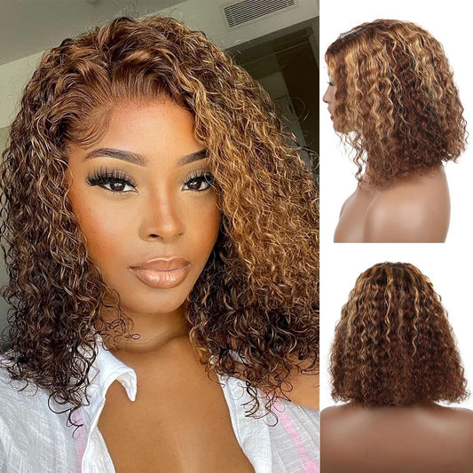 virginess Wear and Go Glueless Wigs Human Hair Pre Plucked Pre Cut Highlight 4/27 Deep Wave Wig for Black Women Human Hair Bob Wig with Elastic Band Upgraded 4x4 Lace Closure Wigs (8Inch)