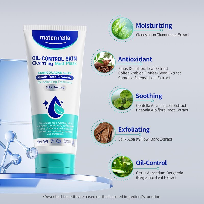MATERN'ELLA Clay Mask | Pore Purifying Oil-Control Manicouagan Clay Formula with Plant Extract for Blackheads, Oily & Dull Skin Mud Facial Treatment for Women & Men 7.1 Oz.