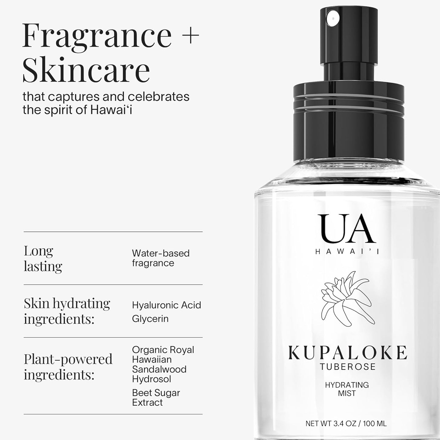 Kupaloke Tuberose Body & Hair Mist - Hydrating Hair Perfume with Hyaluronic Acid | 3.4 oz, Alcohol-Free