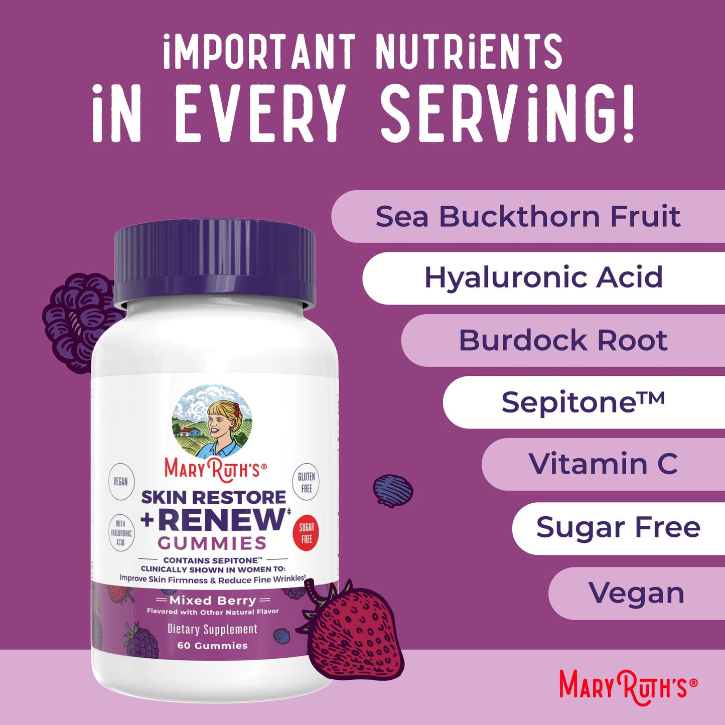 MaryRuth's Skin Restore + Renew Gummies With Hyaluronic Acid | Skin Hydration | Clinically Shown in Women to Reduce Fine Wrinkles & Improve Skin Firmness | Vegan Collagen Production | 60 Gummies