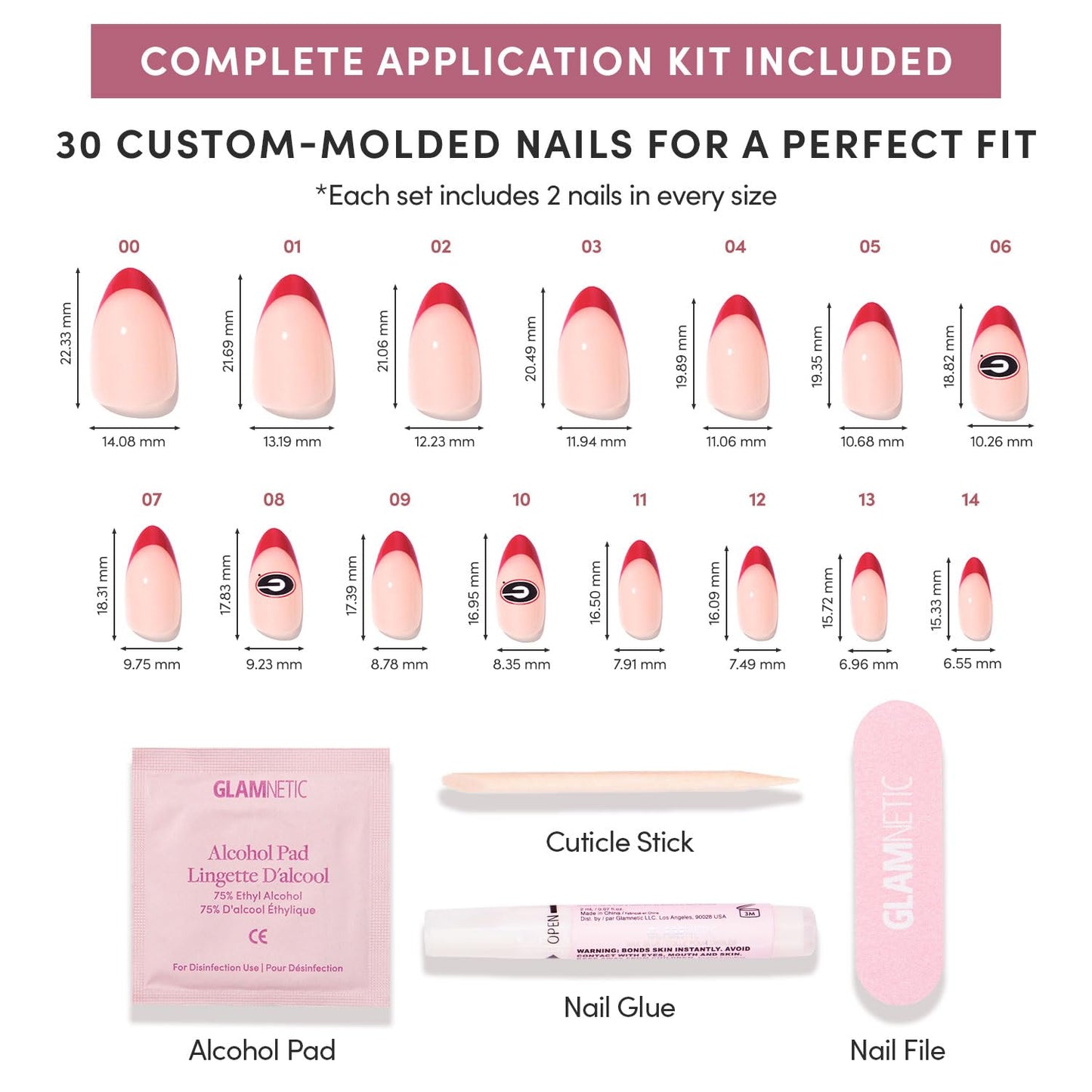 Glamnetic x Fanatics Press On Nails - Georgia Bulldogs | Short Almond Fake Nails, Collegiate Bulldogs Red French Tips, College Nails, Salon-Quality | 15 Sizes - 30 Nail Kit with Glue