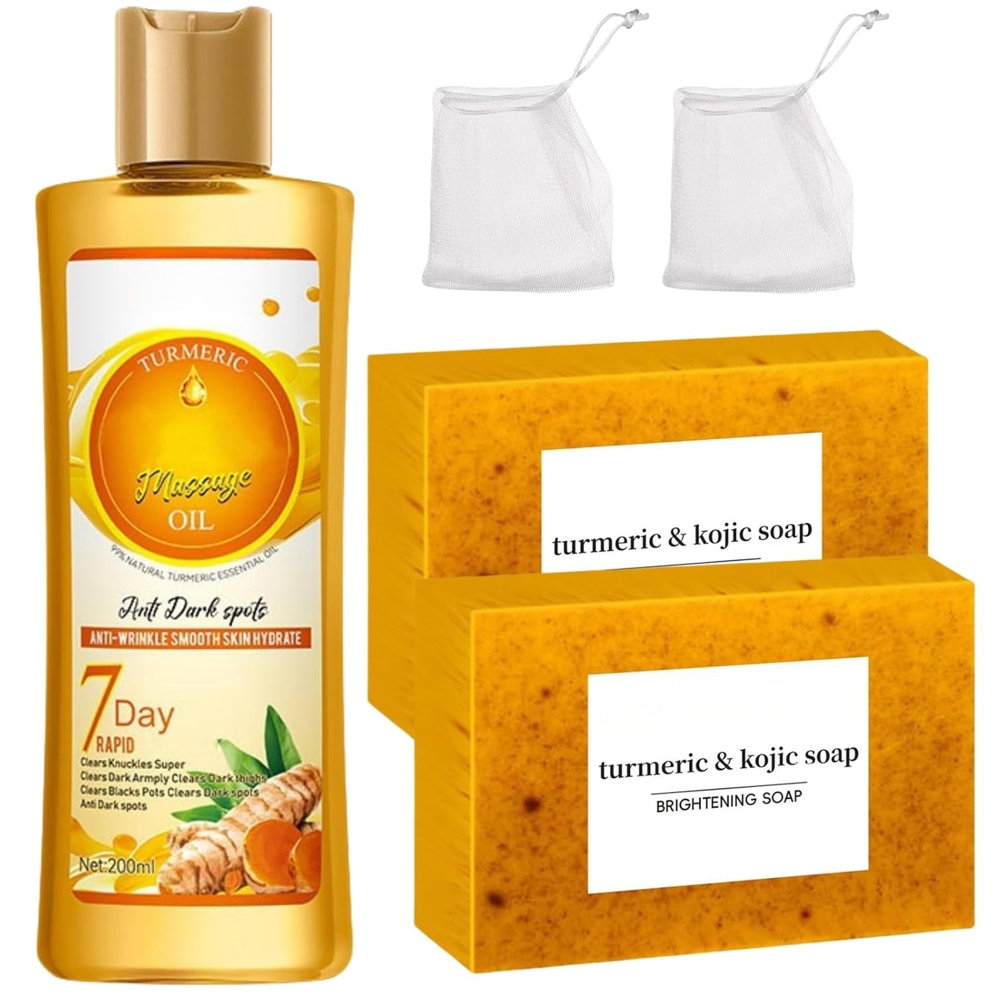 Turmeric Kojic Soap & Oil Set | Lemon Soap Bar for Spot Removal & Even Skin Tone | Honey Massage Oil for Firming & Moisturizing Skin