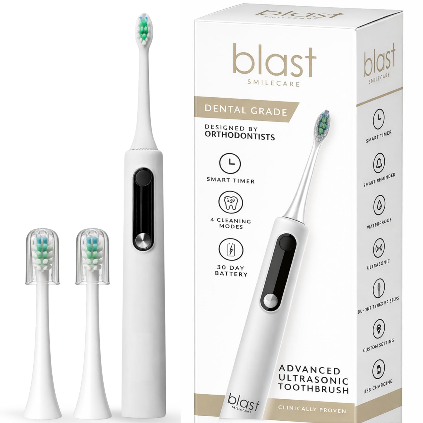 Blast Smile Care Electric Toothbrush with Tynex Bristles - Rechargeable Toothbrush with 30-Second Reminder & 2-Minute Smart Timer - IPX7 Waterproof Sonic Tooth Brush Includes 2 Tooth Brush Heads