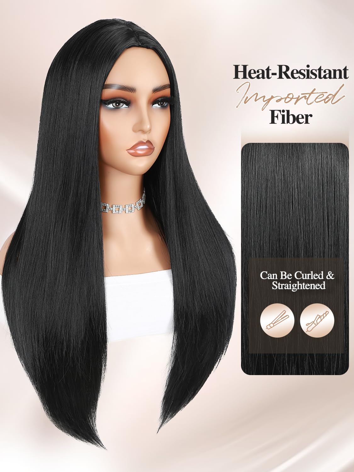 Long Black Wigs Straight Black Hair Dye Wig for Women Middle Part Synthetic Heat Resistant Natural Hair for Party or Halloween Costume Full Black Wigs for Girls