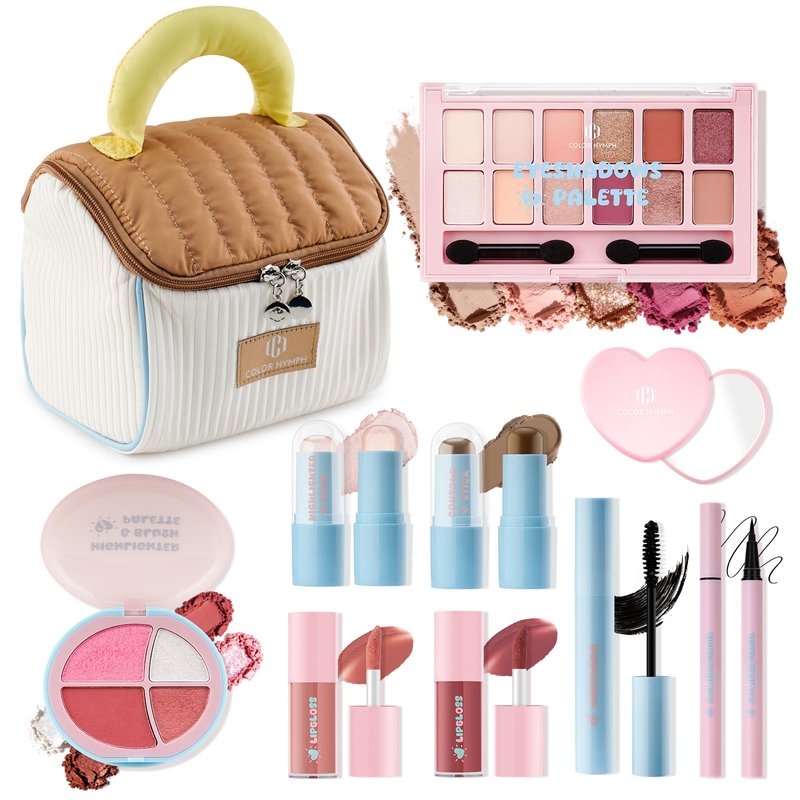 Color Nymph All in One Makeup Kit For Teens Girls Beginner with Makeup Bag, Girl Makeup Set for Teen Girls Includes Eyeshadow, Face Blush Contour Highlighter Lipgloss Mascara Mirror, Travel MakeUp Kit