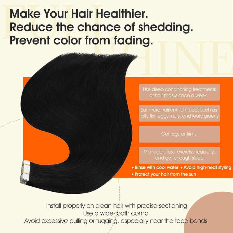 Real Human Hair Tape-In Extensions - 24 Inch Jet Black | Seamless Double-Sided 20 Pcs, 50g