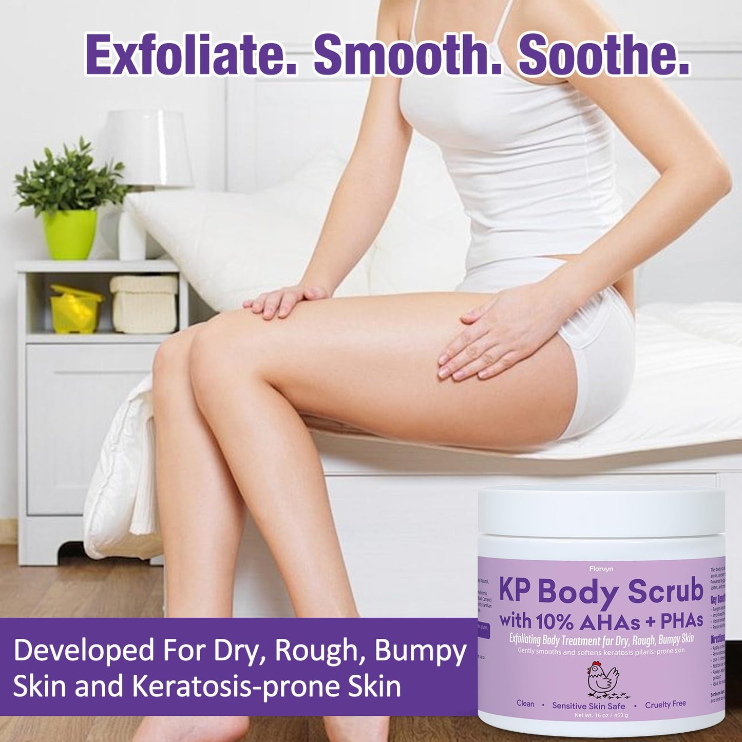 KP Body Scrub for Keratosis Pilaris | 10% AHA + PHA | Smooth Rough, Dry, Bumpy Skin | Exfoliating Body Scrub with Glycolic & Lactic acids | Gentle, Clean Formula | Sensitive Skin Safe, 16 oz, 453g