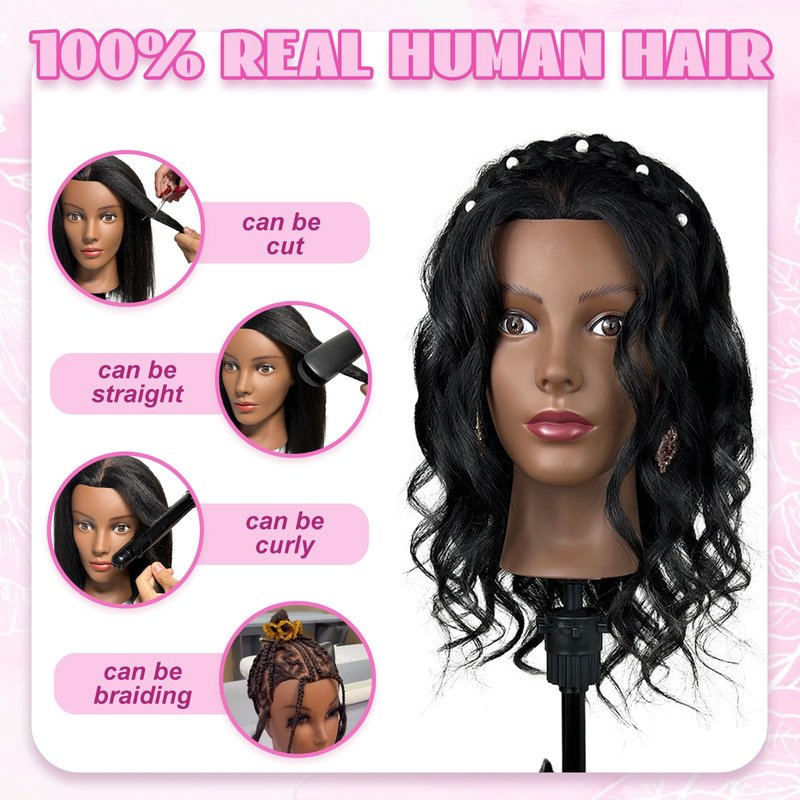 Mannequin Head Human Hair with 100% Real Hair Cosmetology Manikin Doll Head for Hair Styling 18" Mannequin Head for Braiding with Tripod Stand and Tools (Natural Black)