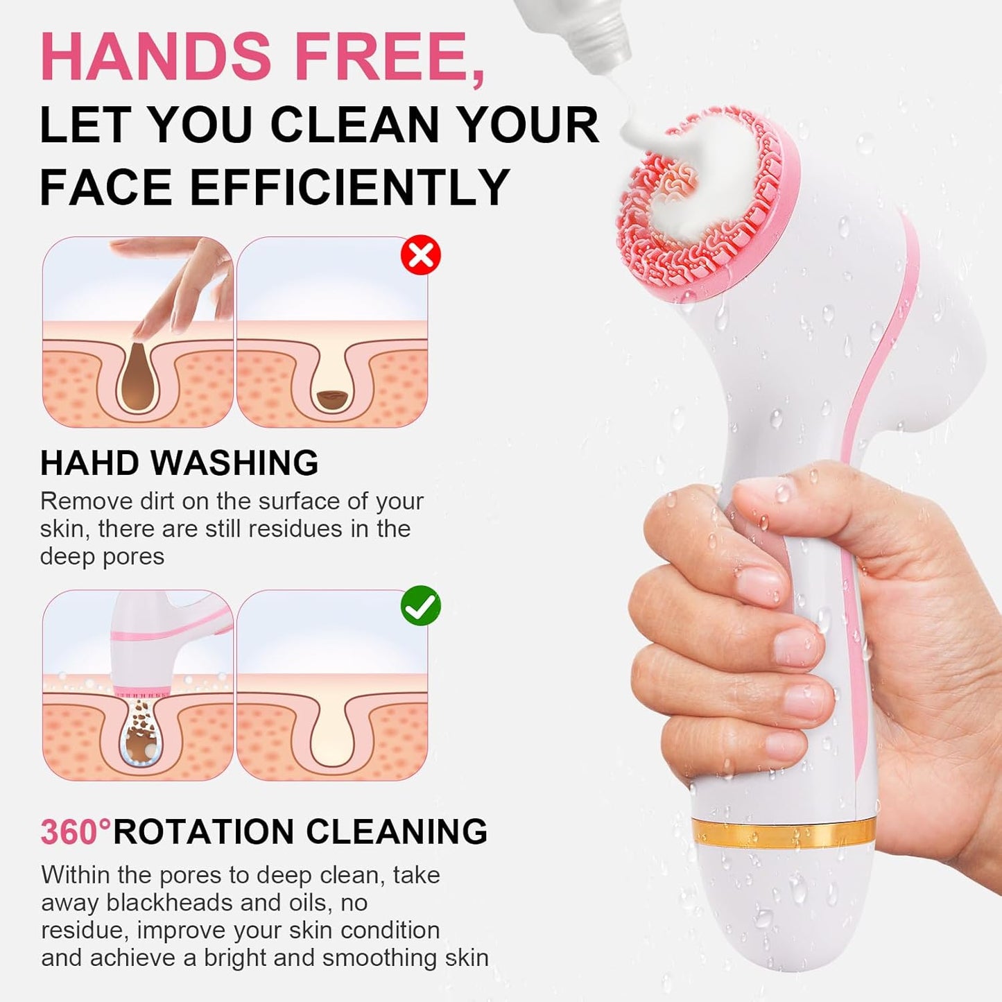 Electric Facial Cleansing Brush - 3-in-1 Waterproof Scrubber with 3 Brush Heads for All Skin Types | Rechargeable Pink