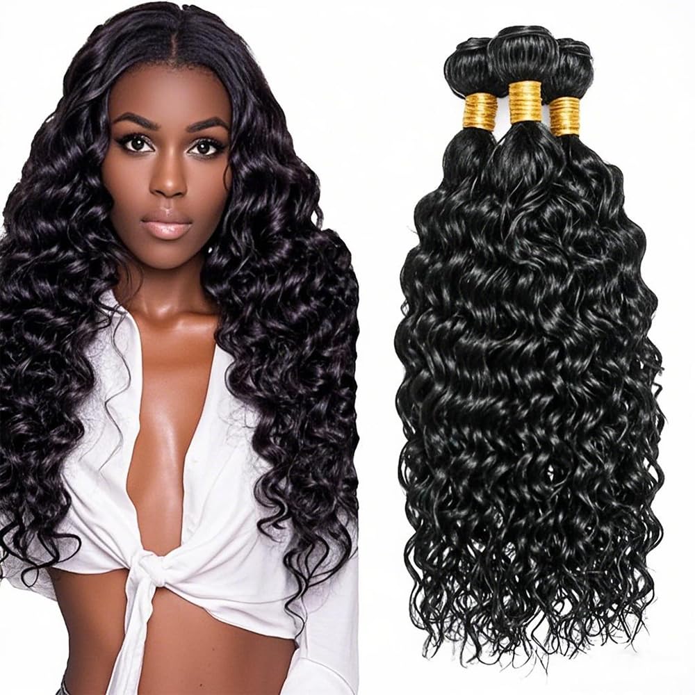 Water Wave Human Hair Bundles 16 18 20 Inch Deep Curly Bundles Human Hair Unprocessed Native Virgin Hair 100/PC 3 Extensions Natural Black Color 1B Wet and Wavy Human Hair Extensions for Women