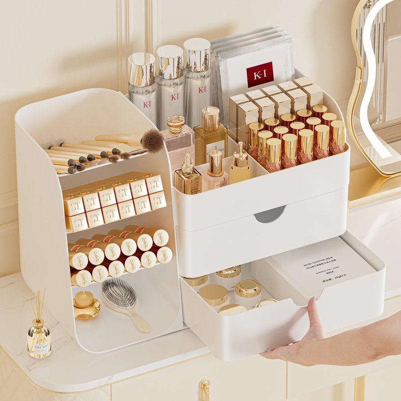KQJS Makeup Organizer with Drawers, Large Capacity Countertop Organizer for Vanity, Bathroom and Bedroom Desk Cosmetics Organizer, Easy To Storage Skincare, Brushes, Eyeshadow, Lipstick (All White)