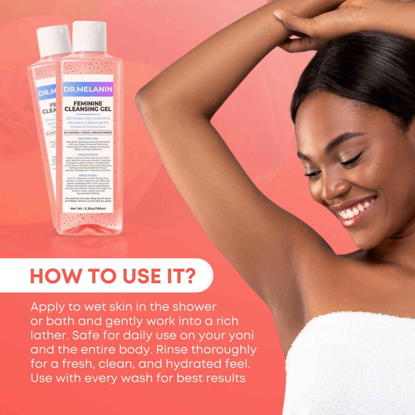 Dr. Melanin pH Balancing Peach Cleansing Shower Gel for Intimate Care – Feminine Hygiene Wash for Odor Control, Gentle Cleansing & Skin Nourishment - Aloe Vera Formula