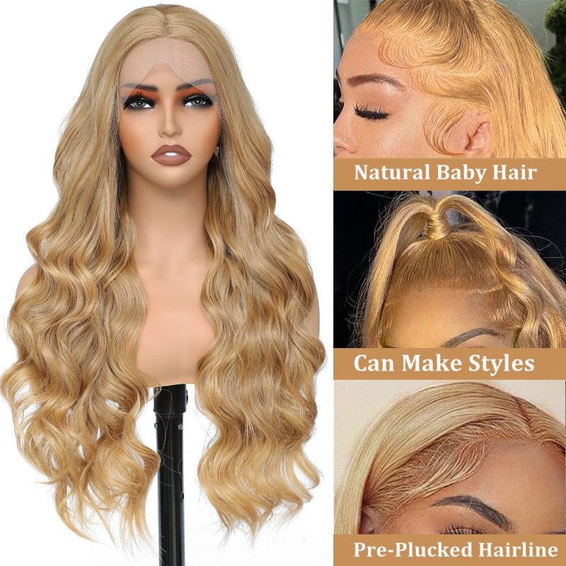 Soyeon 30 Inch Synthetic Lace Front Wig for Women Honey Blonde Wig Glueless Pre Plucked Bleached Knots Body Wave Wig Heat Resistant Fibre 180% Density