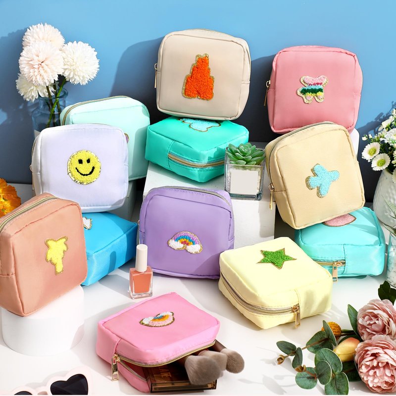Sumind 12 Pcs Preppy Patch Makeup Bag Bulk Cute Mini Pouch Bag Gift Nylon Travel Cosmetic Toiletry Portable Organizer Storage Purse Small Zipper Pouch Daily Use Storage Purse for Women