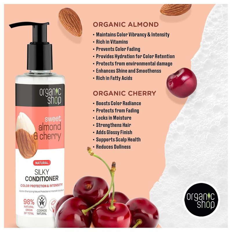 Organic Almond Oil & Cherry Shampoo | Color Protection & Hydration, 9.5 Fl Oz - 100% Vegan & Organic