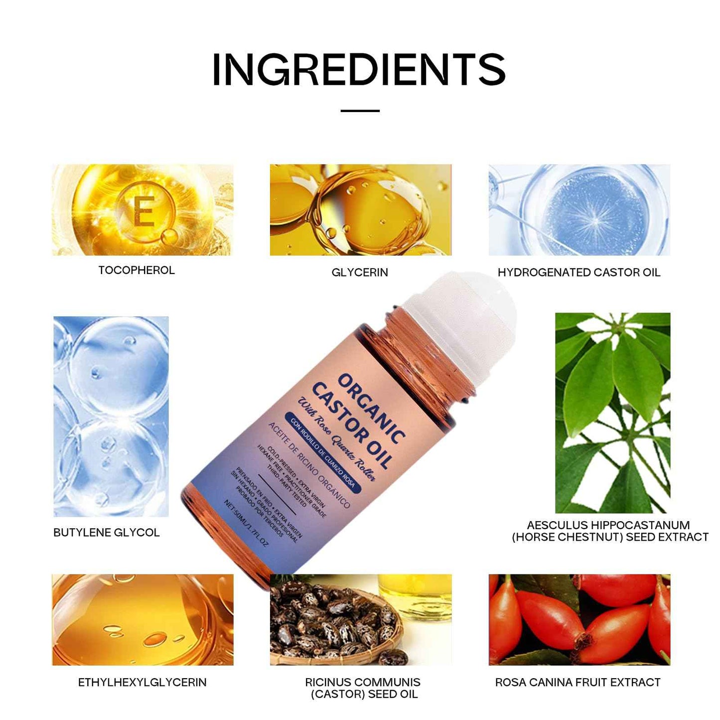 Organic Castor Oil with Rose Quartz Roller, Castor Oil Roll-On with Rose Quartz for Skin, Brows & Lashes, 1.7 fl oz, 100% Pure Cold-Pressed, Hexane-Free (1 pcs)